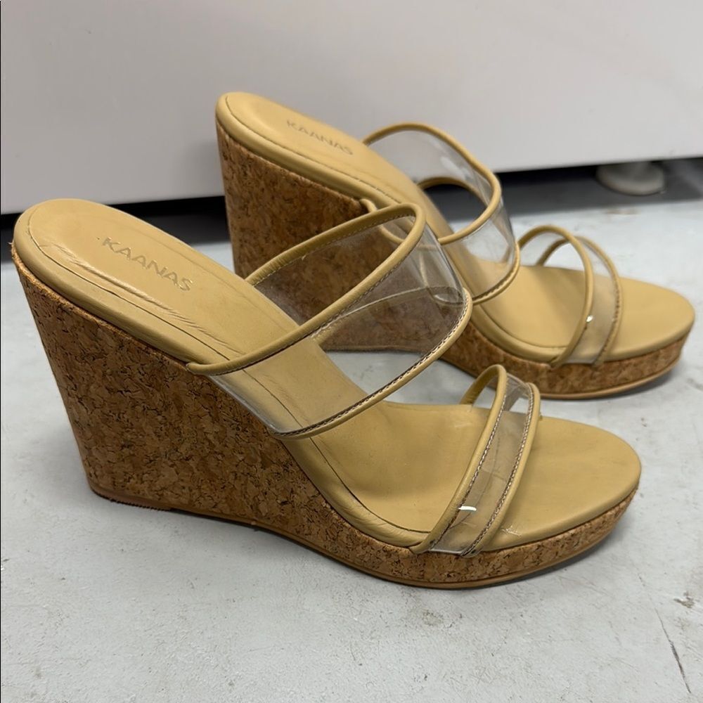 Kaanas Tan Cork Wedge Sandals with Clear Straps - Like New Condition - Size 9